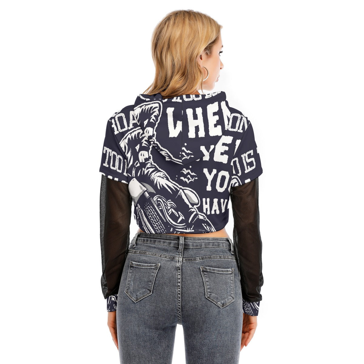 All-Over Print Women's Fake Two-piece Mesh Sleeve Cropped Hoodie