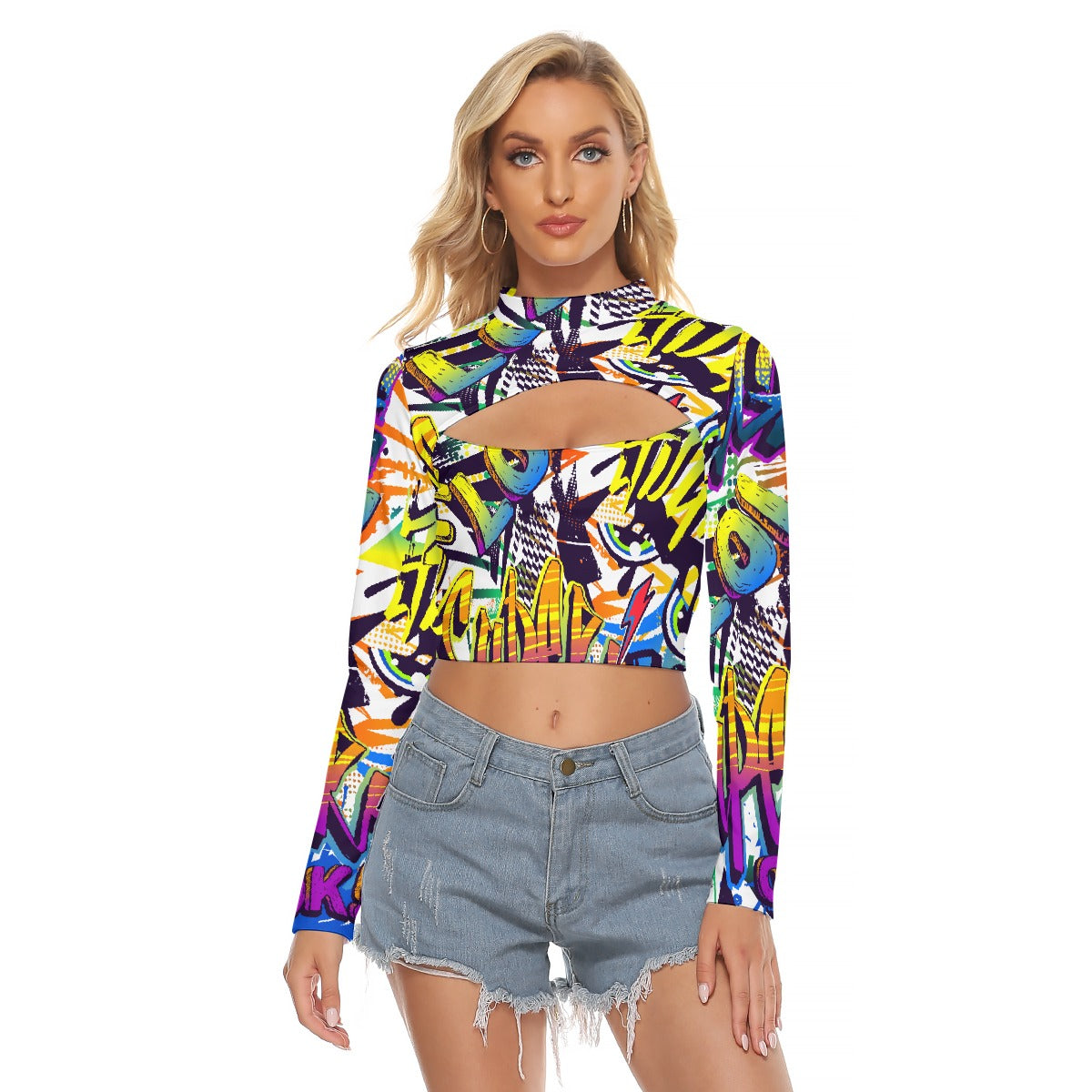 All-Over Print Women's Hollow Chest Keyhole Tight Crop Top