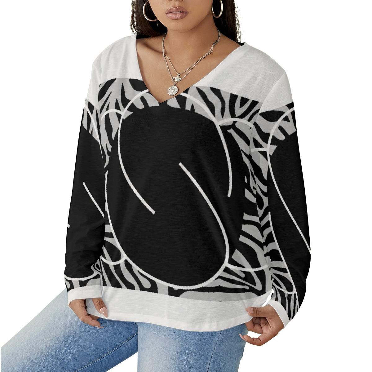 All-Over Print Women's V-neck T-shirt With Curved Hem(Plus Size)