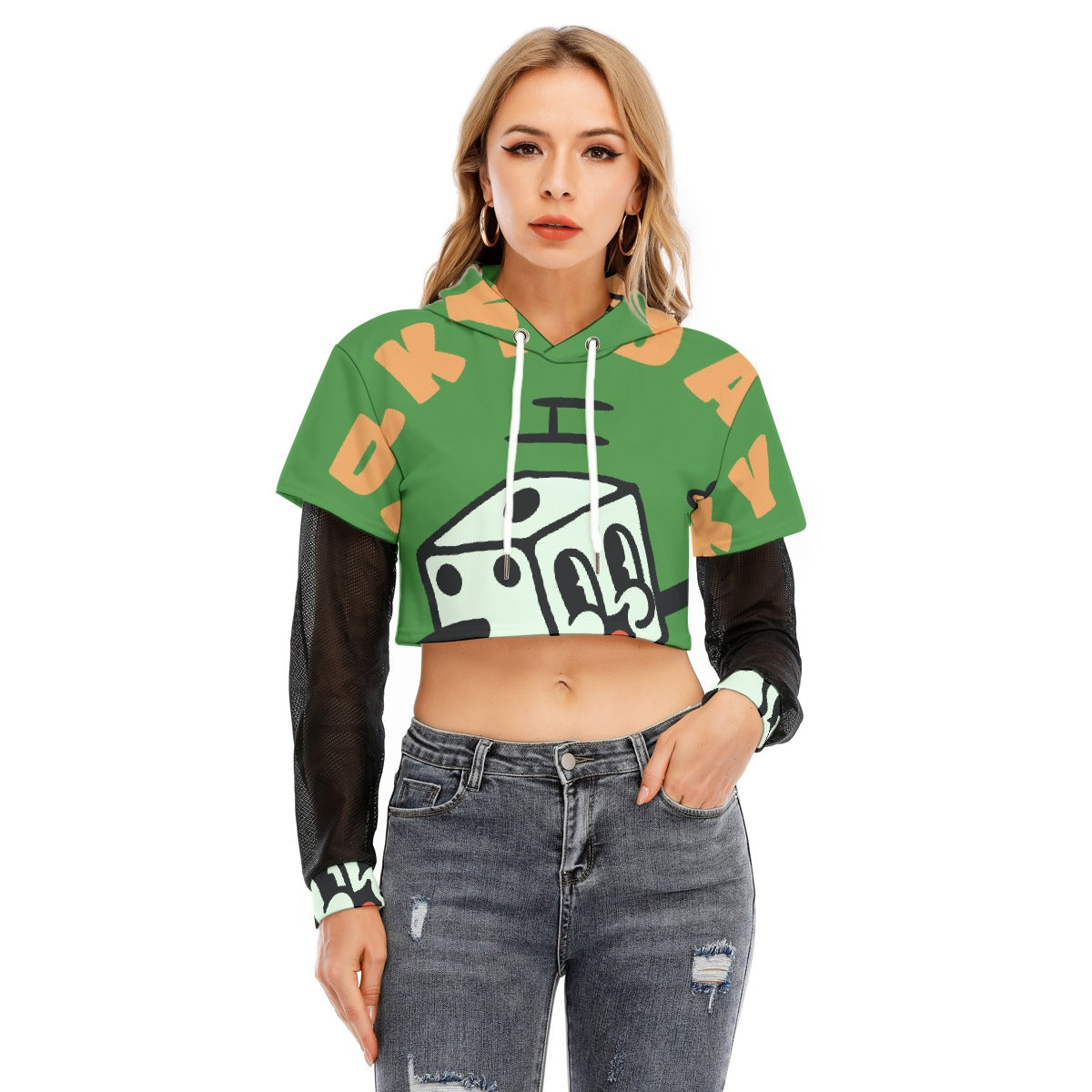 All-Over Print Women's Fake Two-piece Mesh Sleeve Cropped Hoodie