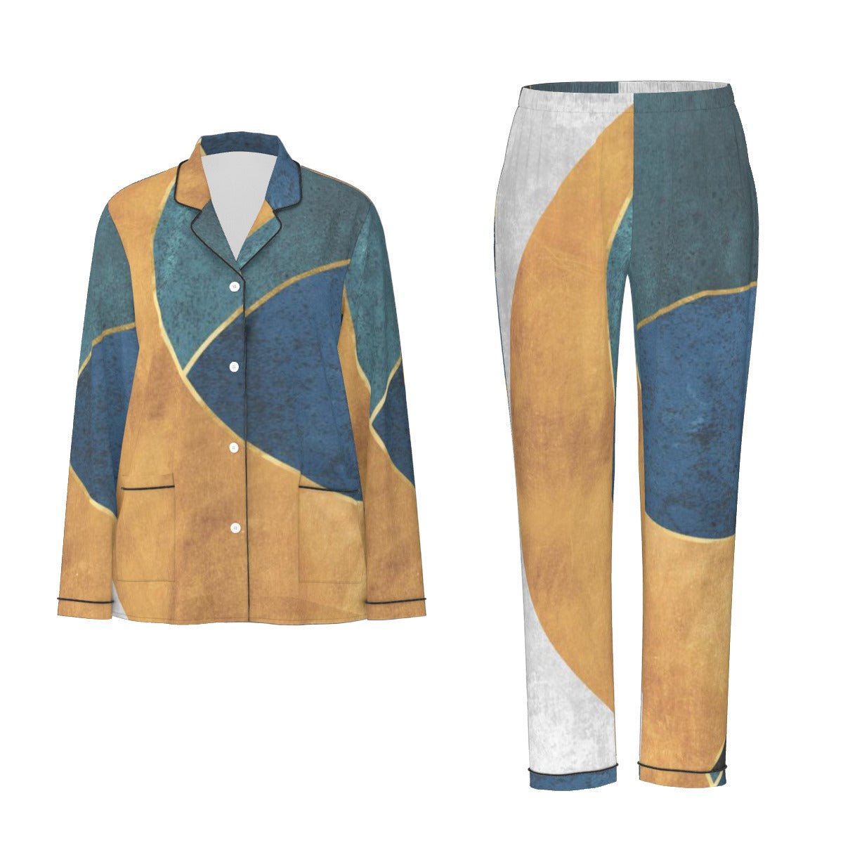 All-Over Print Women's Long Sleeve Pajama Set With Black Contrast Piping