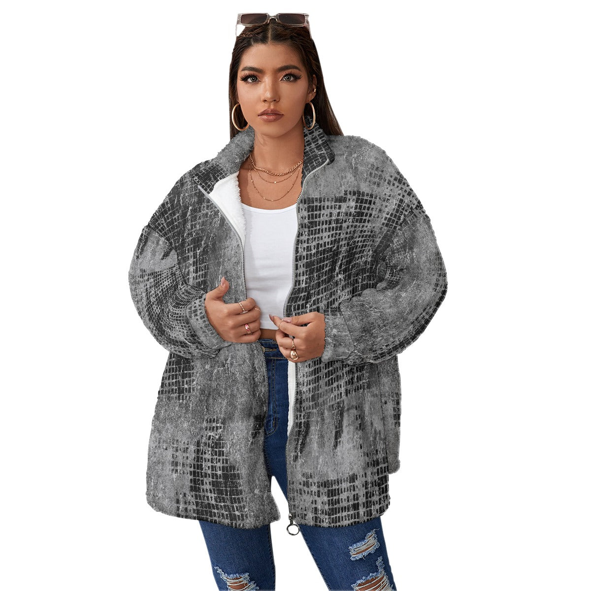 All-Over Print Unisex Borg Fleece Stand-up Collar Coat With Zipper Closure(Plus Size)