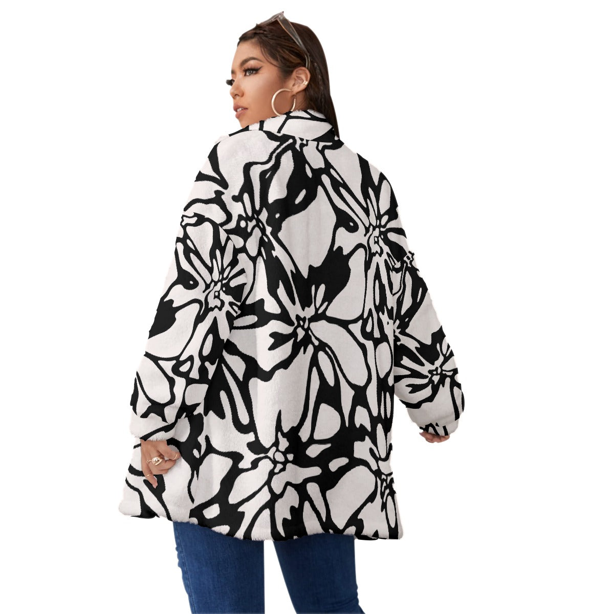 All-Over Print Unisex Borg Fleece Stand-up Collar Coat With Zipper Closure(Plus Size)