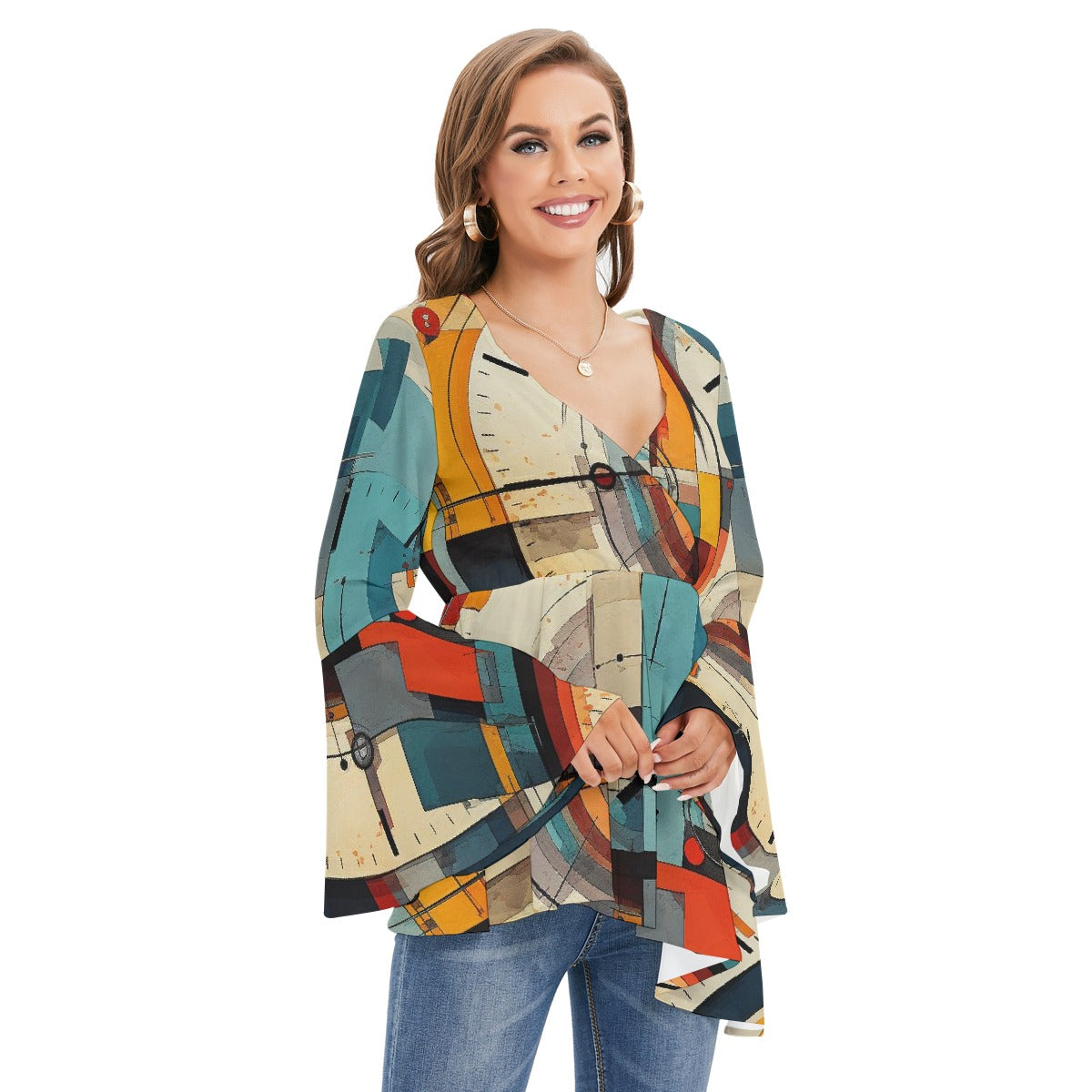 All-Over Print Women's V-neck Blouse With Flared Sleeves