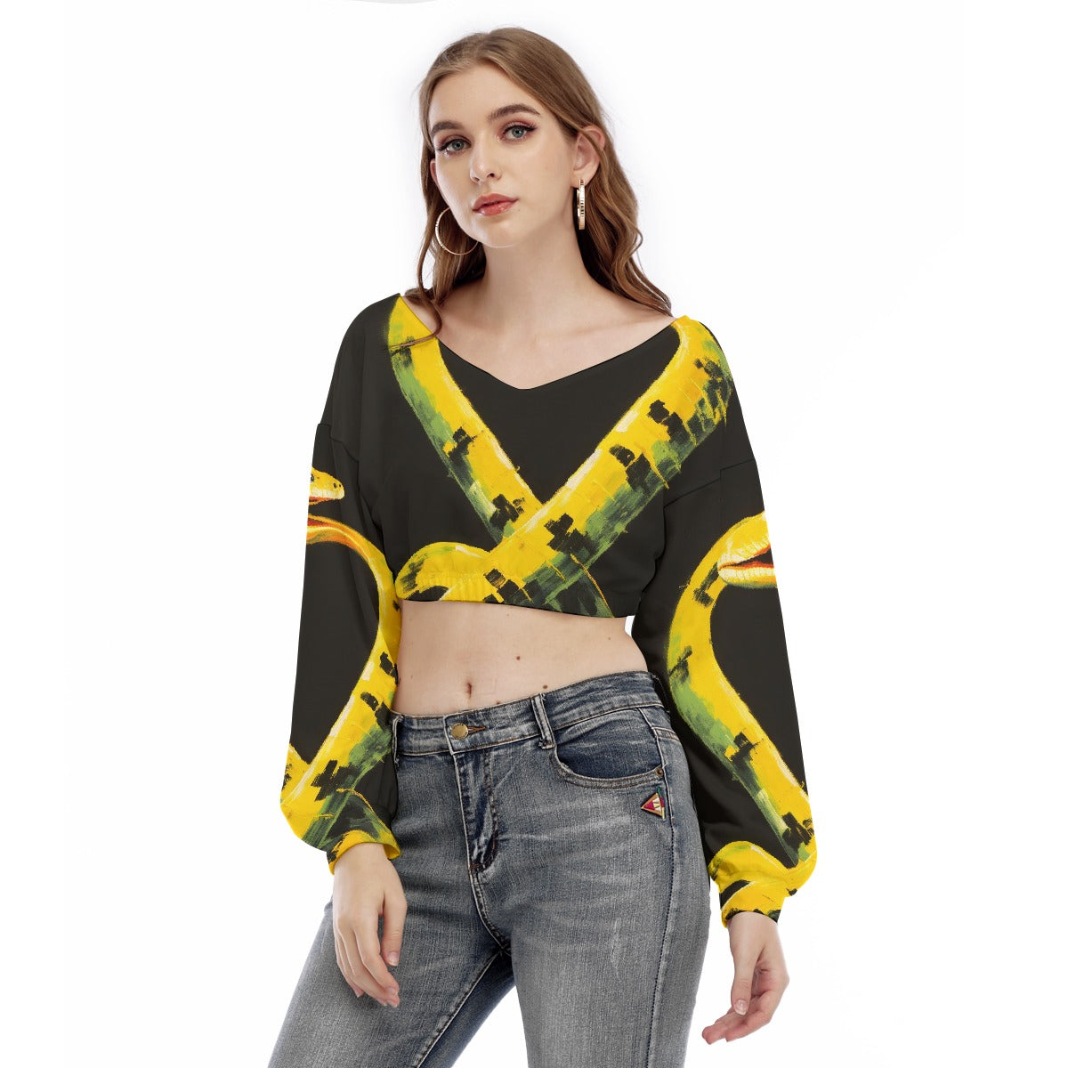 All-Over Print Women's V-neck Long Sleeve Cropped Sweatshirt