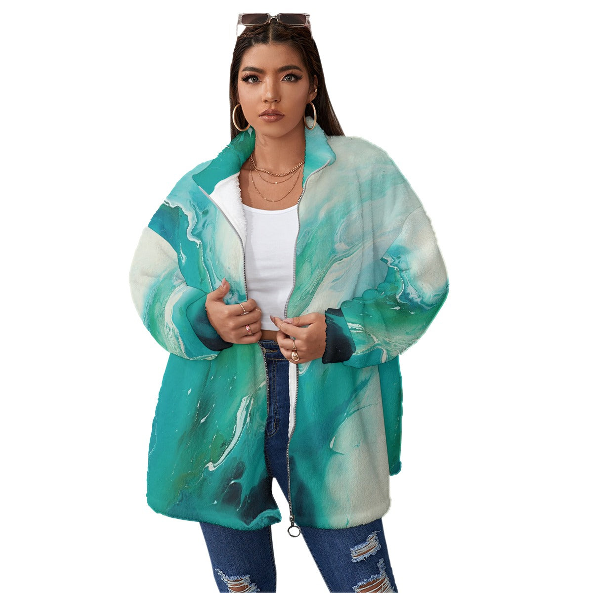 All-Over Print Unisex Borg Fleece Stand-up Collar Coat With Zipper Closure(Plus Size)