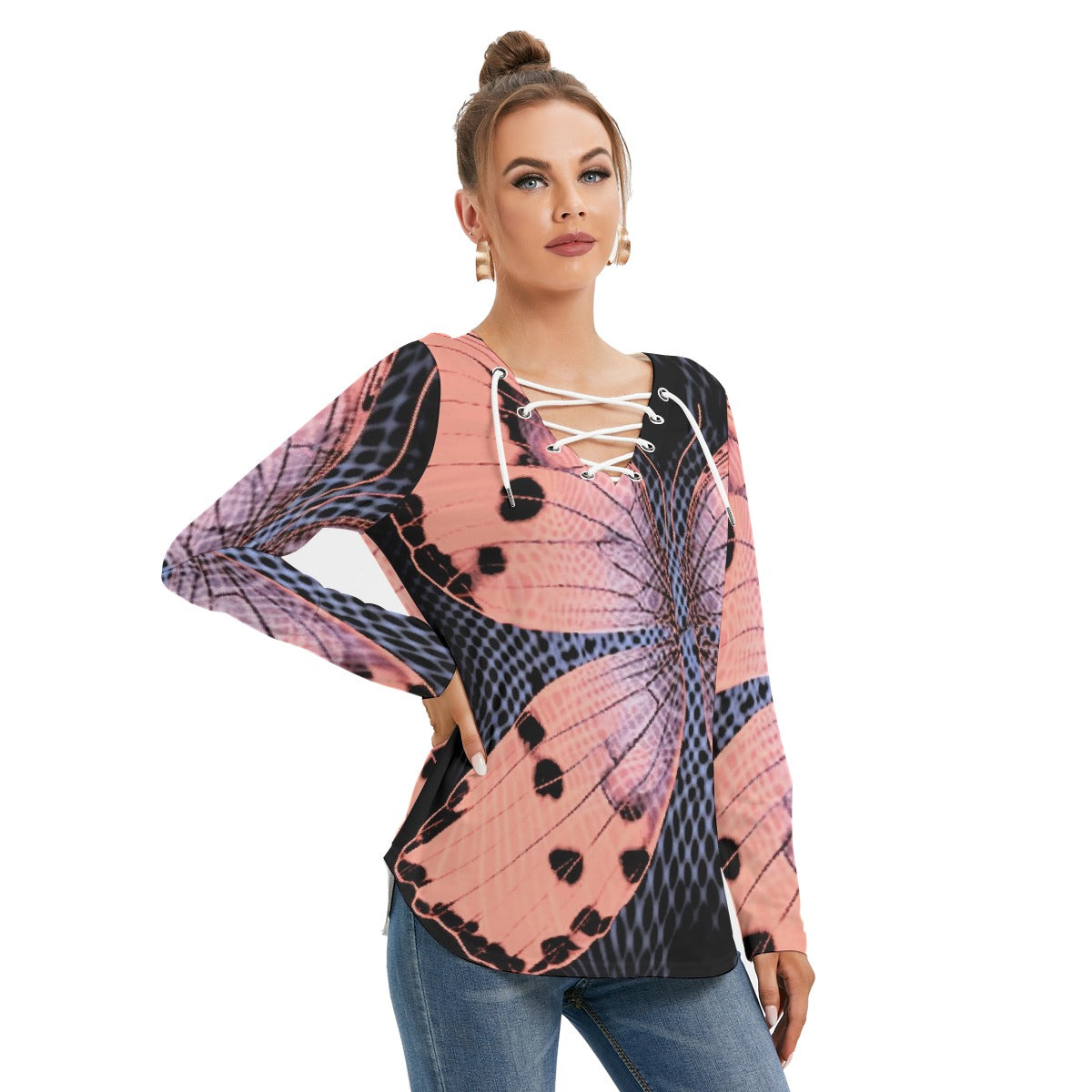 All-Over Print Women's Long Sleeve Neckline Tie Sweatshirt