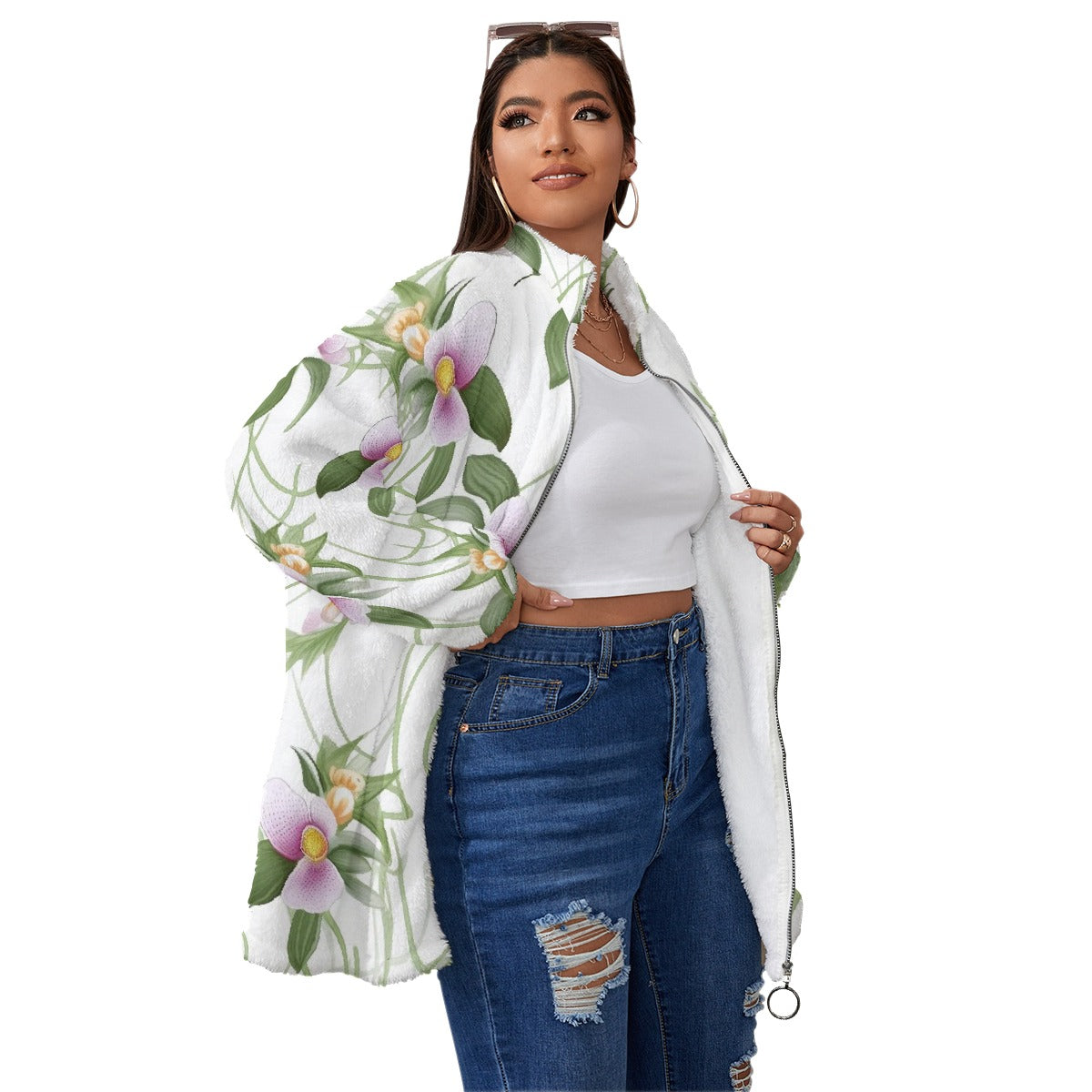 All-Over Print Unisex Borg Fleece Stand-up Collar Coat With Zipper Closure(Plus Size)