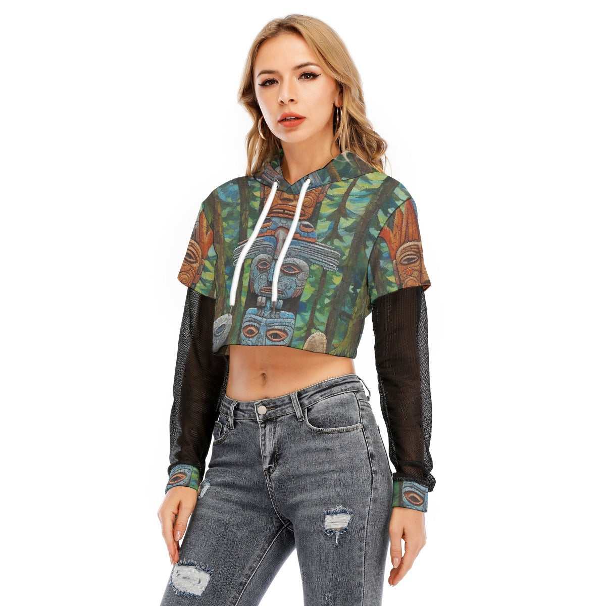All-Over Print Women's Fake Two-piece Mesh Sleeve Cropped Hoodie