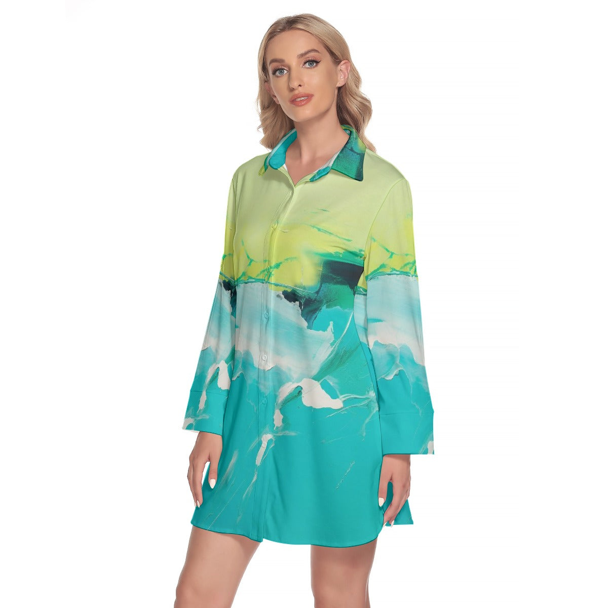 All-Over Print Women's Lapel Shirt Dress With Long Sleeve