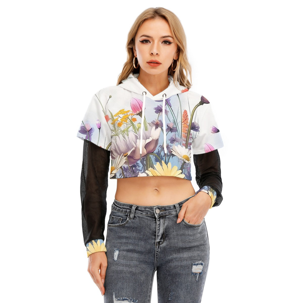 All-Over Print Women's Fake Two-piece Mesh Sleeve Cropped Hoodie