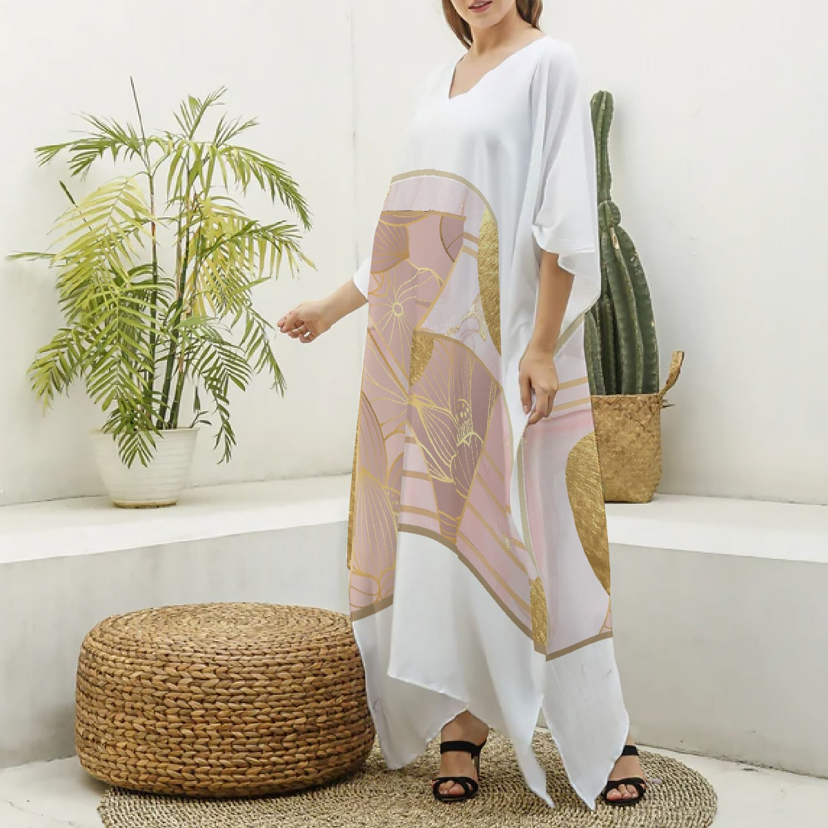 All-Over Print Women's Imitation Silk V-neck Kaftan Robe