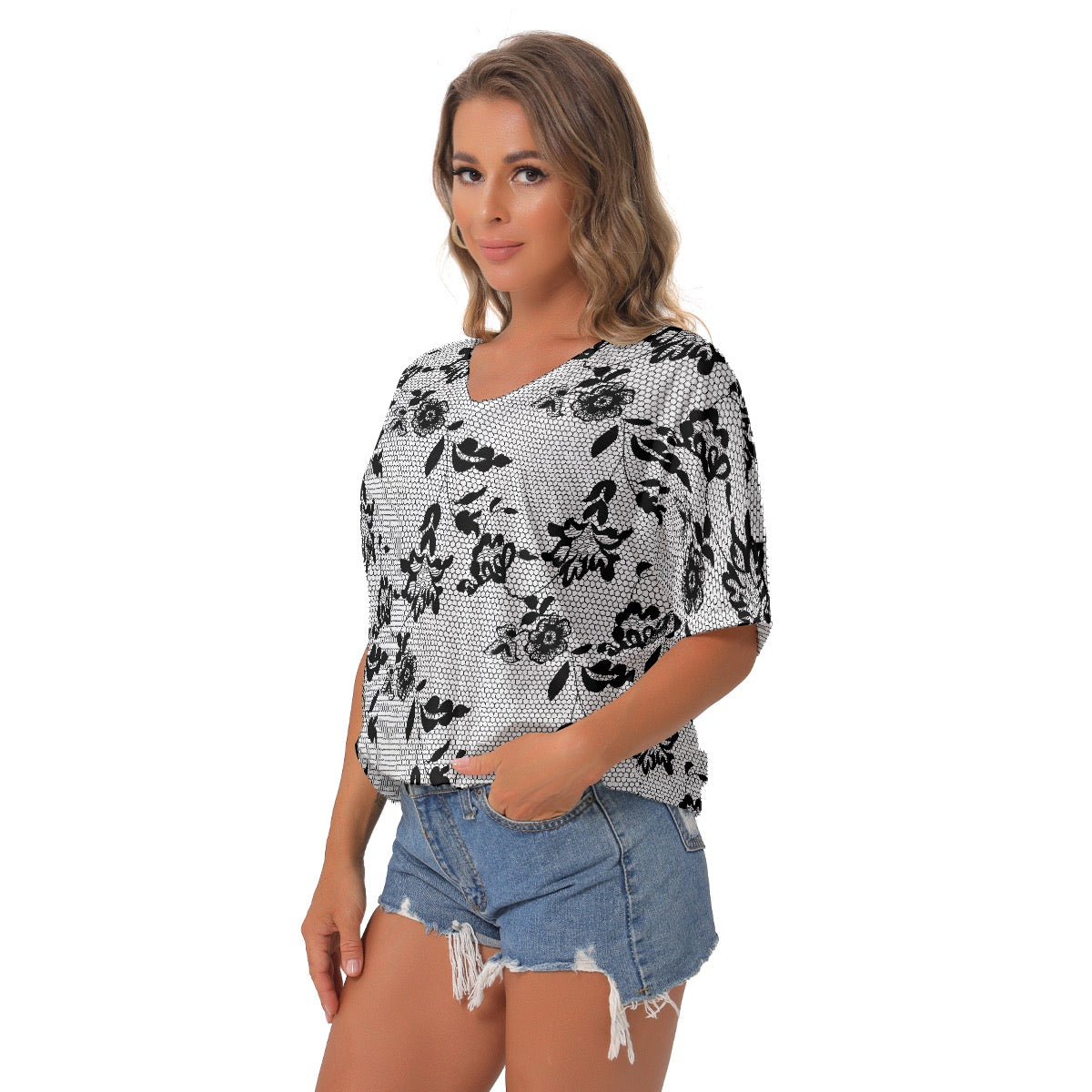 All-Over Print Women's Bat Sleeves V-Neck Blouse
