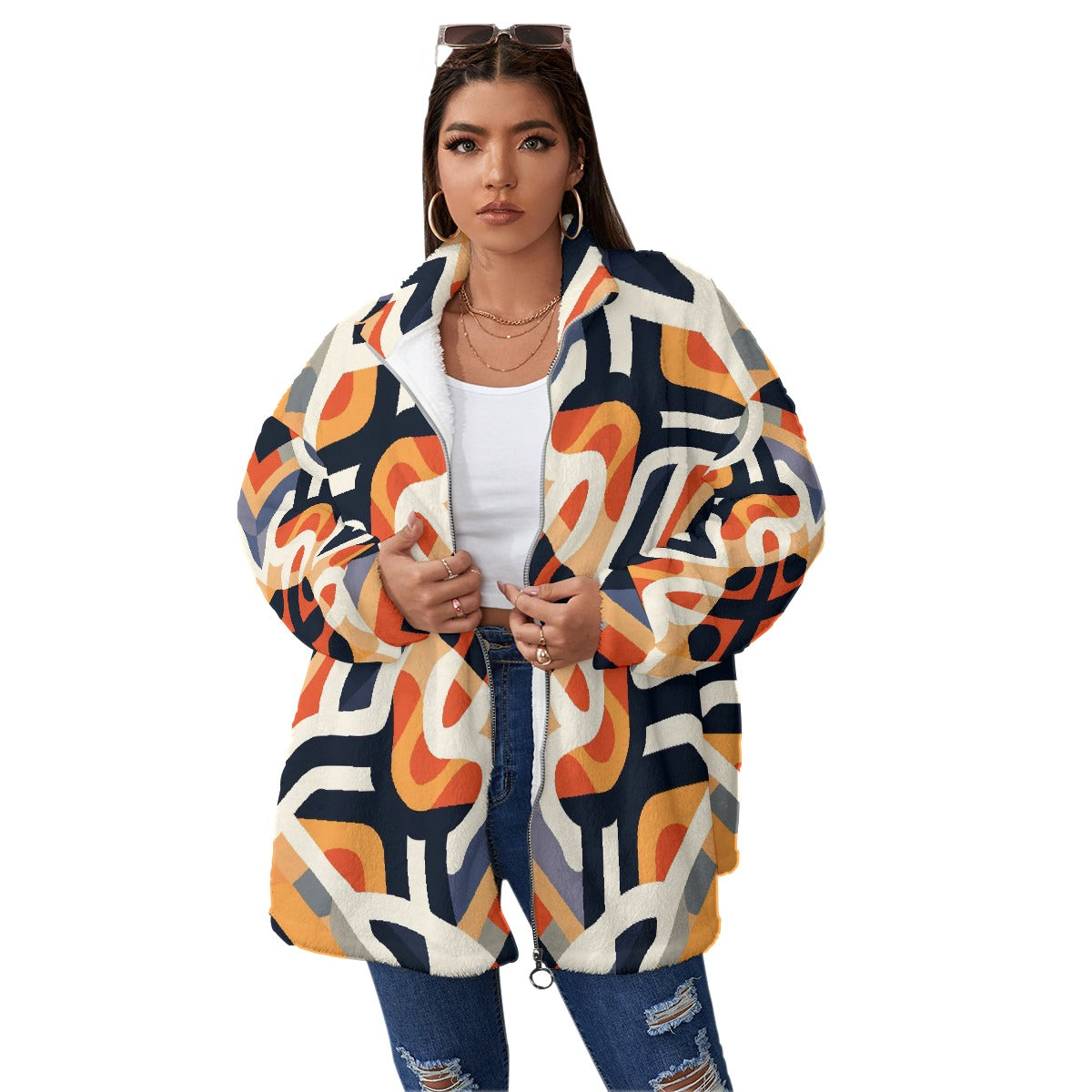 All-Over Print Unisex Borg Fleece Stand-up Collar Coat With Zipper Closure(Plus Size)