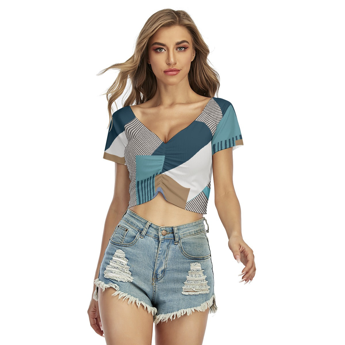All-Over Print Women's Raglan Drawstring Front  Crop Tee