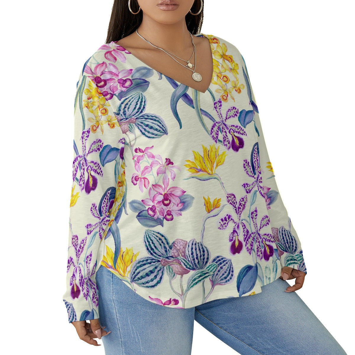 All-Over Print Women's V-neck T-shirt With Curved Hem(Plus Size)