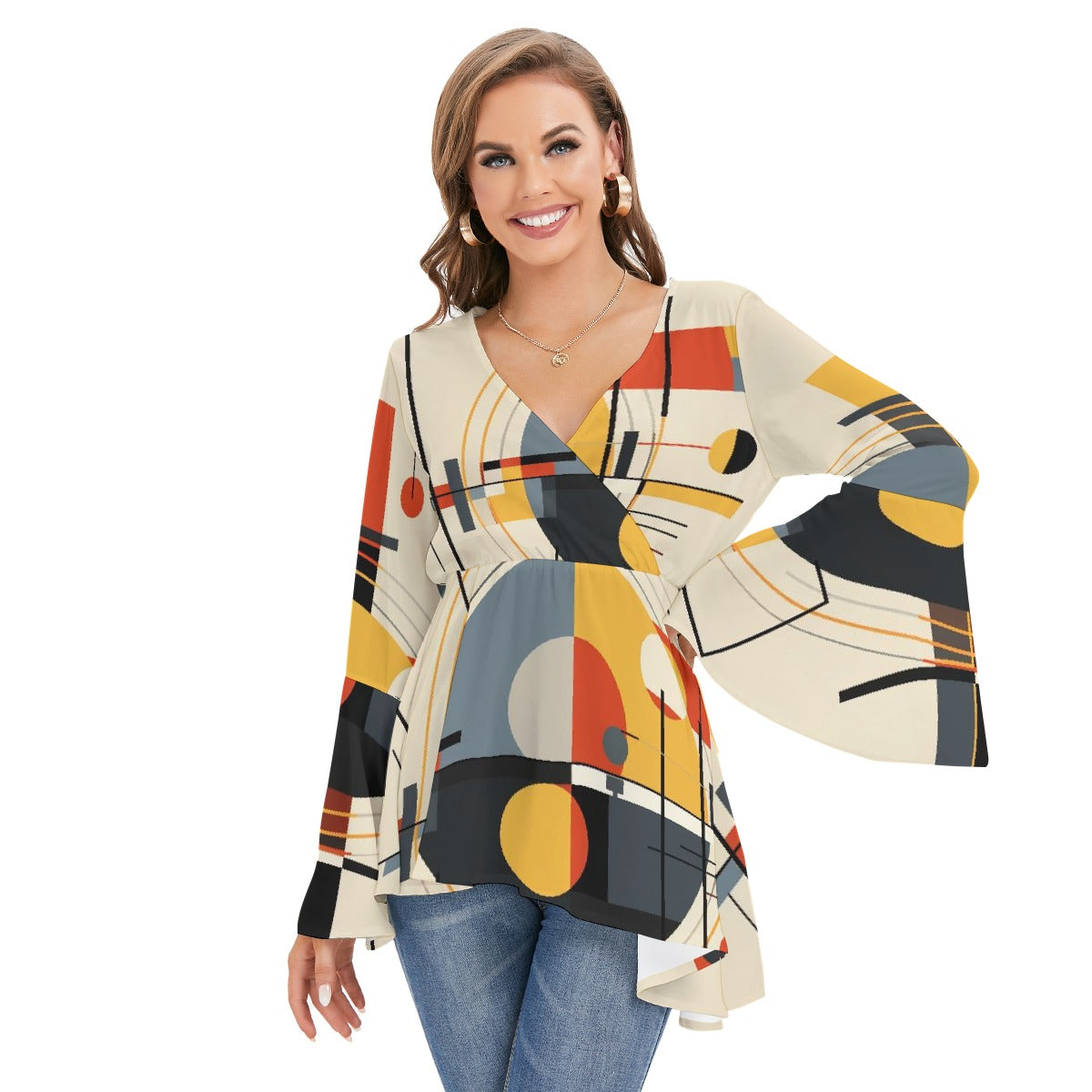 All-Over Print Women's V-neck Blouse With Flared Sleeves