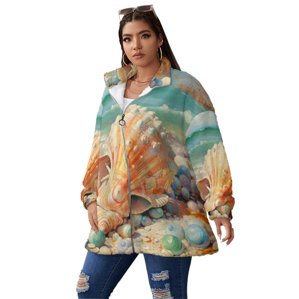 All-Over Print Unisex Borg Fleece Stand-up Collar Coat With Zipper Closure(Plus Size)