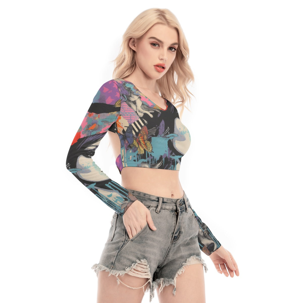 All-Over Print Women's Back Hollow T-shirt With Strap