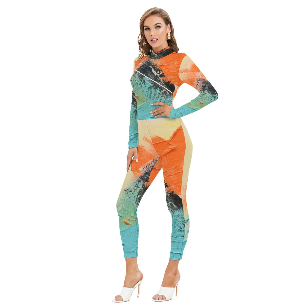 All-Over Print Women's Long-sleeved High-neck Jumpsuit With Zipper