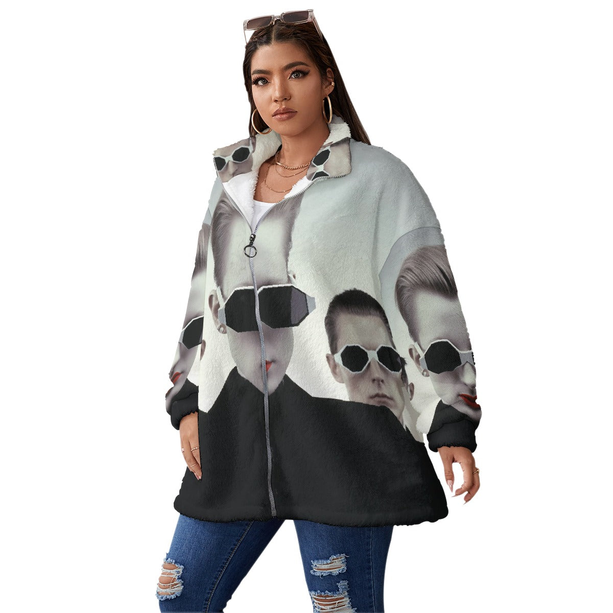 All-Over Print Unisex Borg Fleece Stand-up Collar Coat With Zipper Closure(Plus Size)