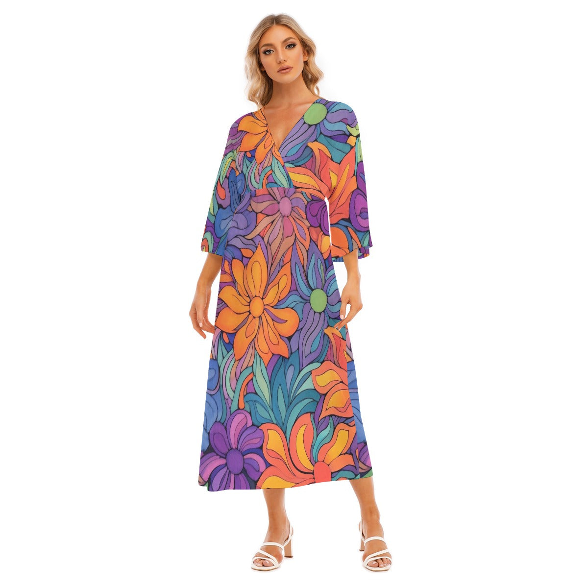 All-Over Print Women's Mid-Sleeve Long Dress