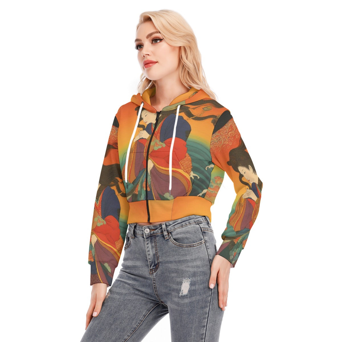 All-Over Print Women's Crop Top Hoodie With Zipper Closure