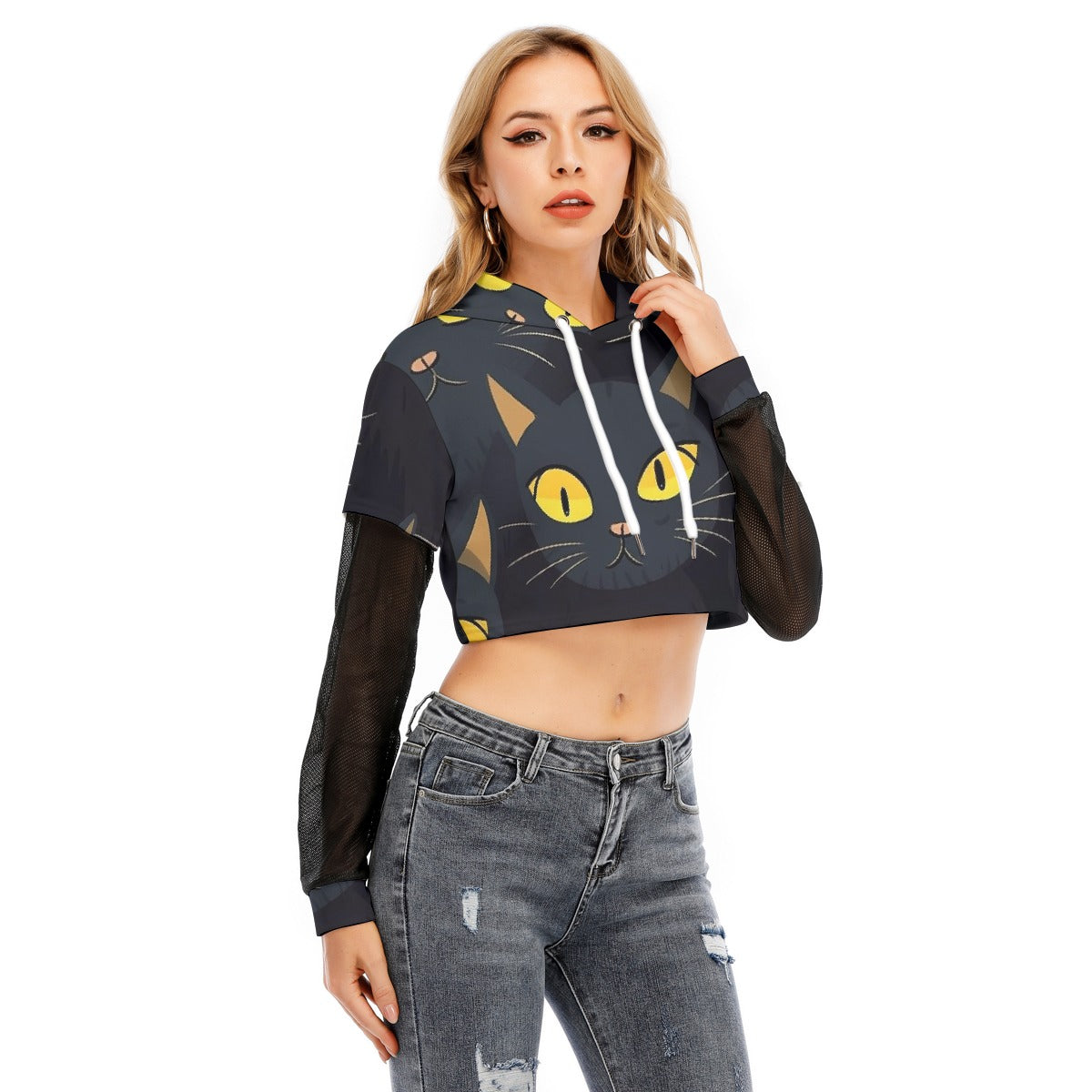All-Over Print Women's Fake Two-piece Mesh Sleeve Cropped Hoodie