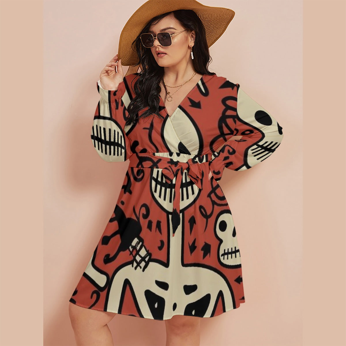 All-Over Print Women's V-neck Dress With Waistband(Plus Size)