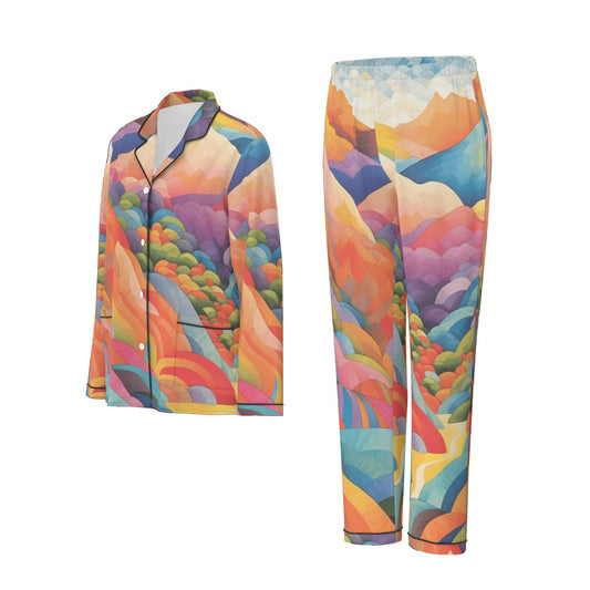 All-Over Print Women's Long Sleeve Pajama Set With Black Contrast Piping