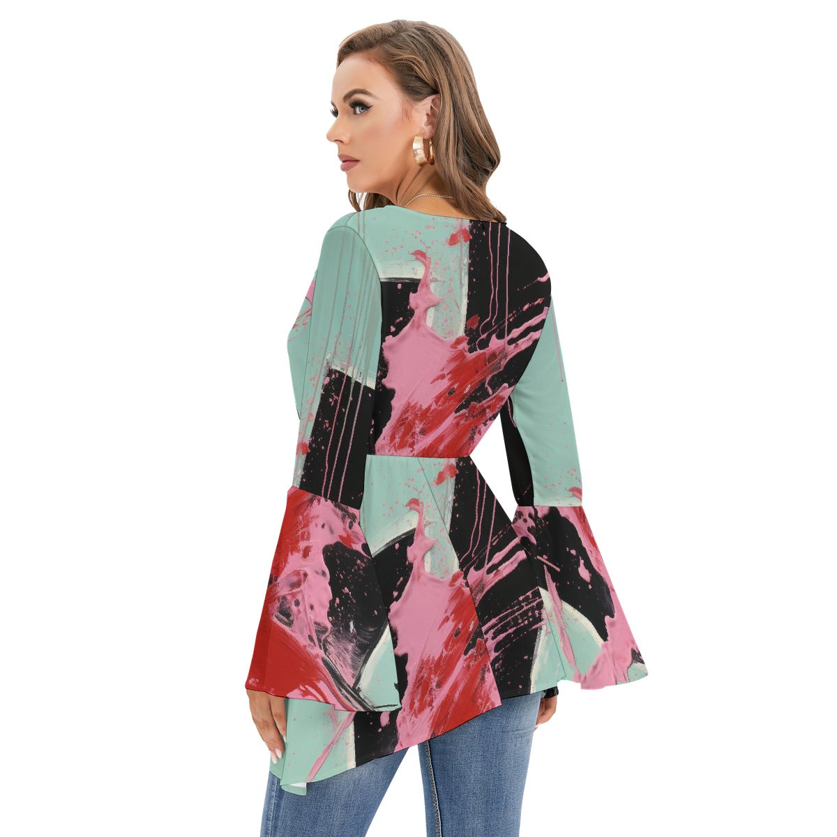 All-Over Print Women's V-neck Blouse With Flared Sleeves