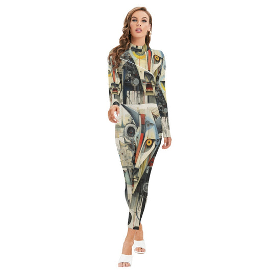 All-Over Print Women's Long-sleeved High-neck Jumpsuit With Zipper