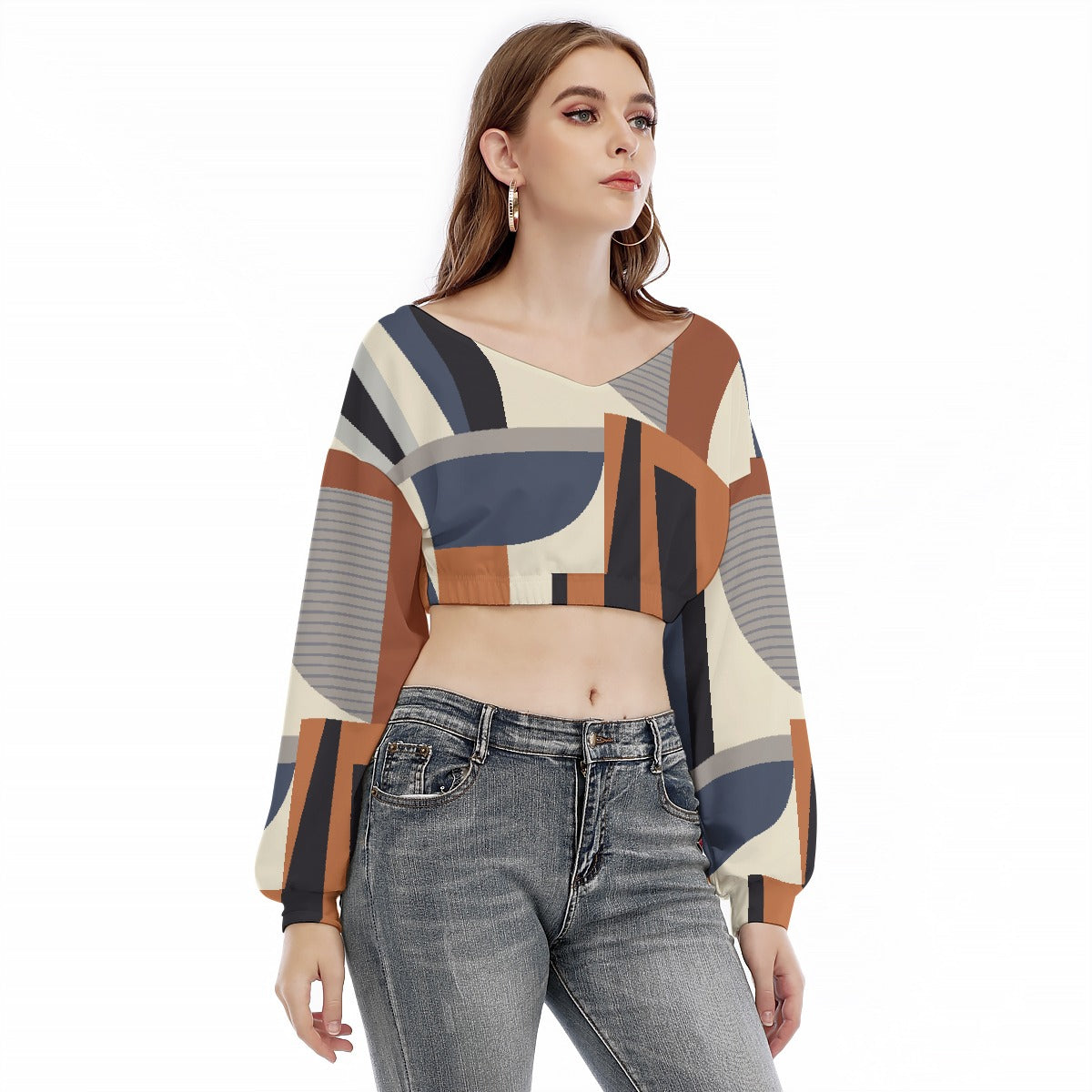All-Over Print Women's V-neck Long Sleeve Cropped Sweatshirt