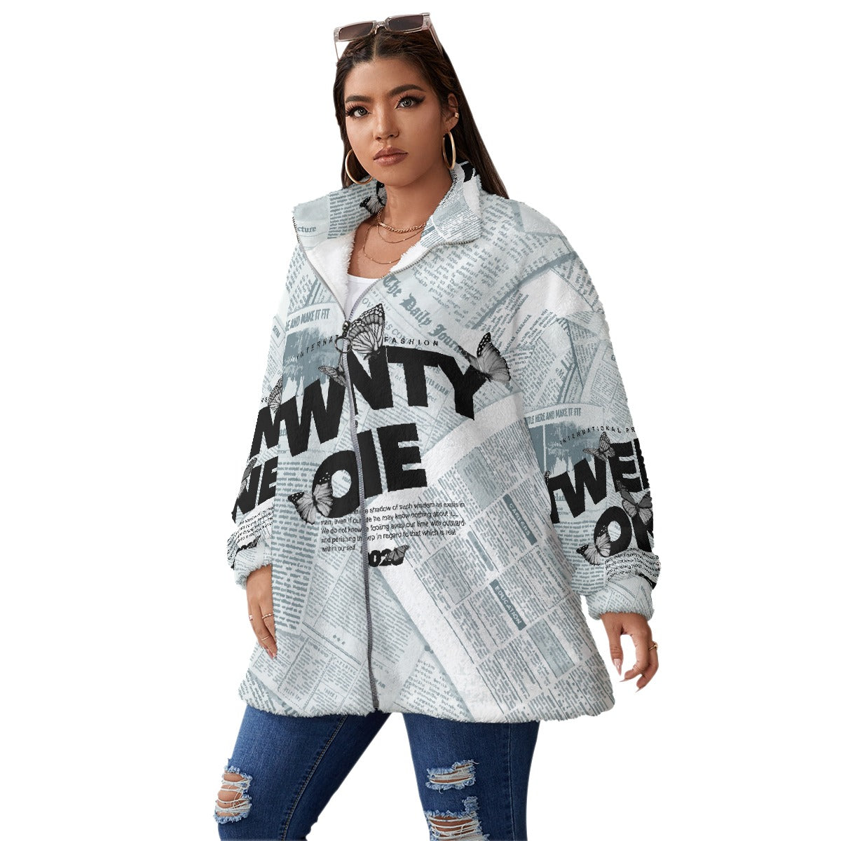 All-Over Print Unisex Borg Fleece Stand-up Collar Coat With Zipper Closure(Plus Size)
