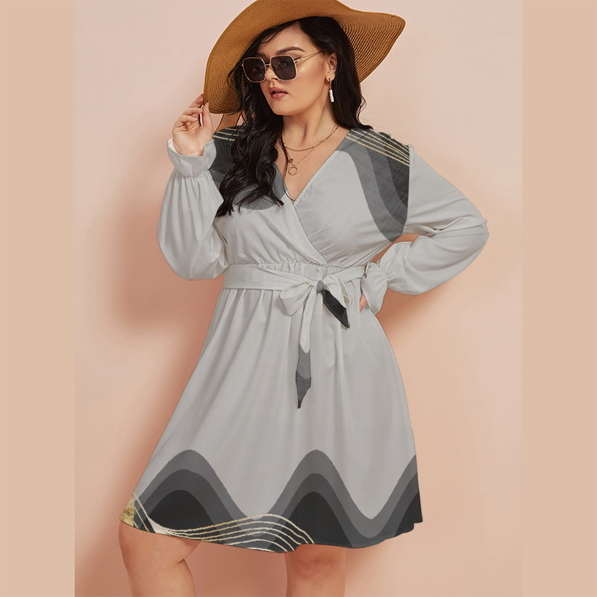 All-Over Print Women's V-neck Dress With Waistband(Plus Size)