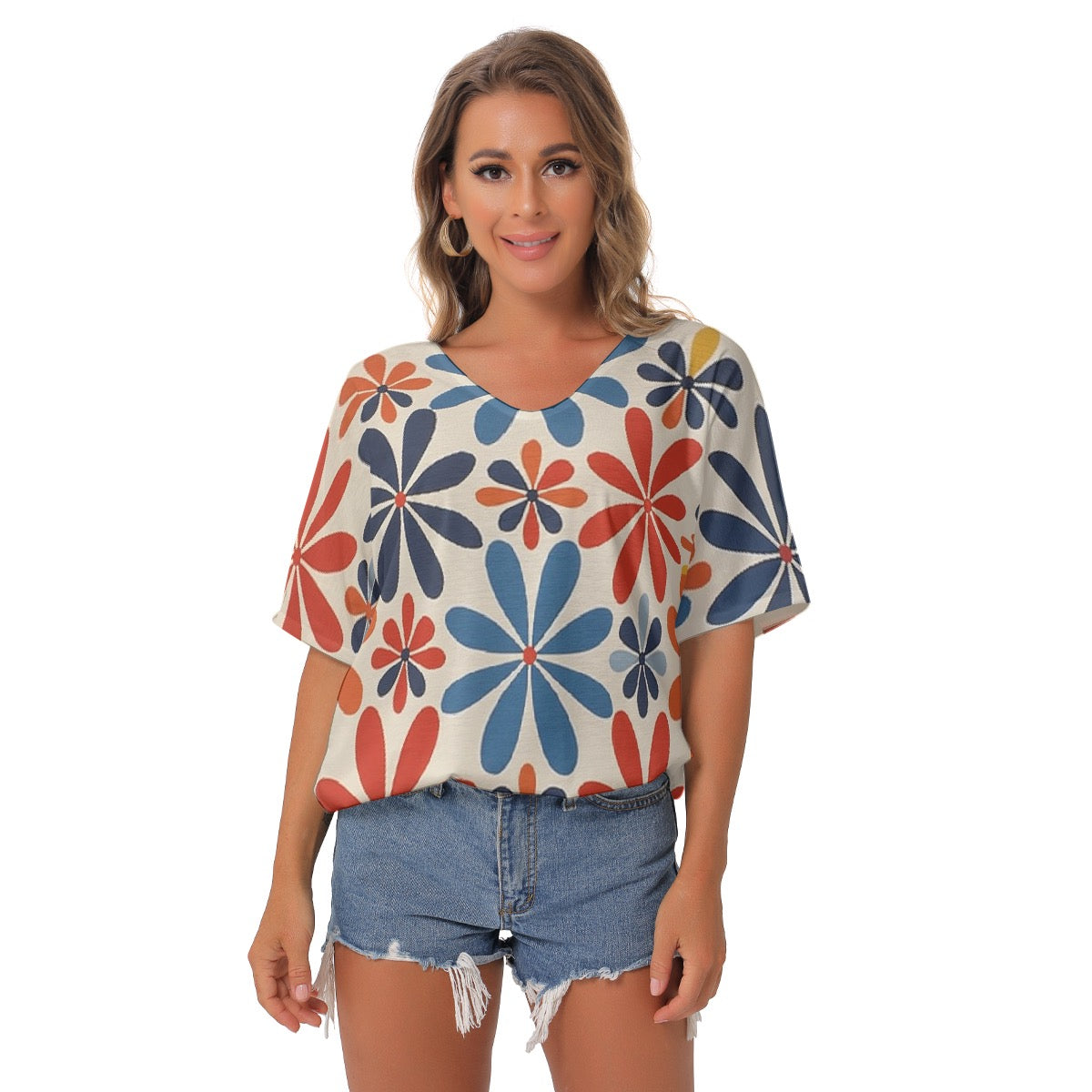 All-Over Print Women's Bat Sleeves V-Neck Blouse