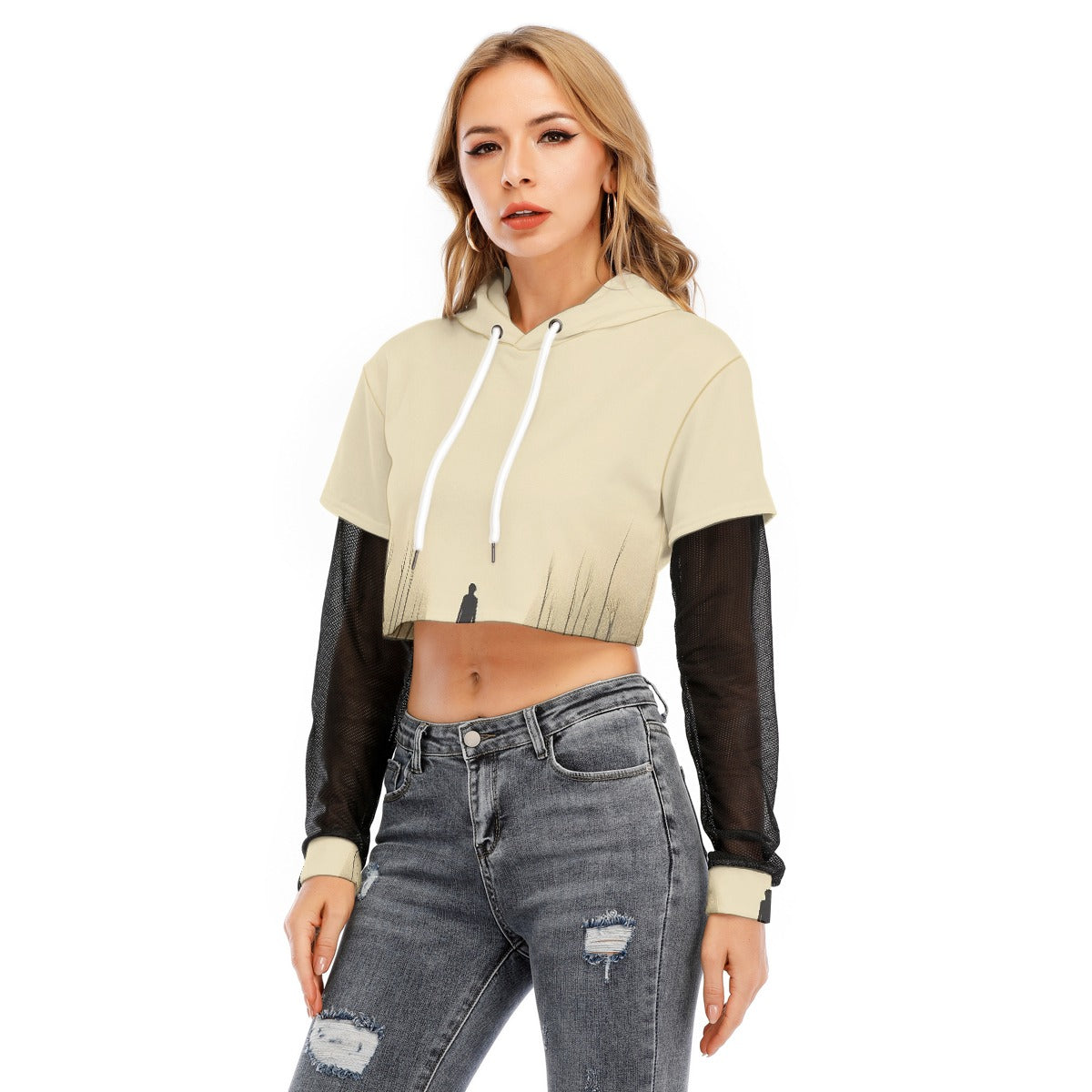 All-Over Print Women's Fake Two-piece Mesh Sleeve Cropped Hoodie