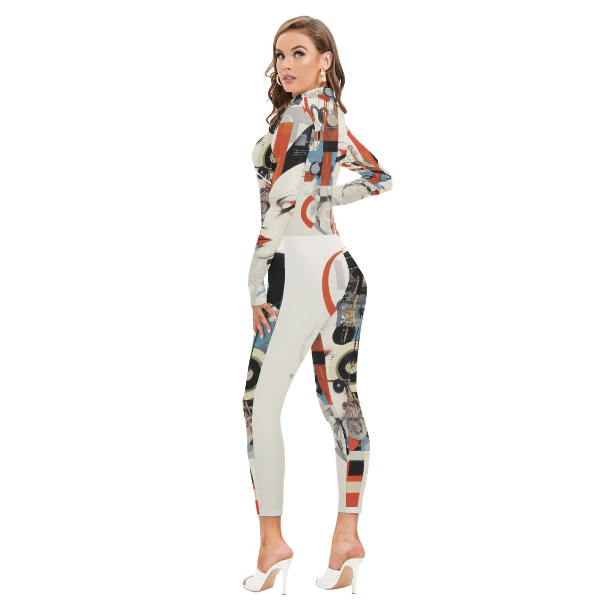 All-Over Print Women's Long-sleeved High-neck Jumpsuit With Zipper