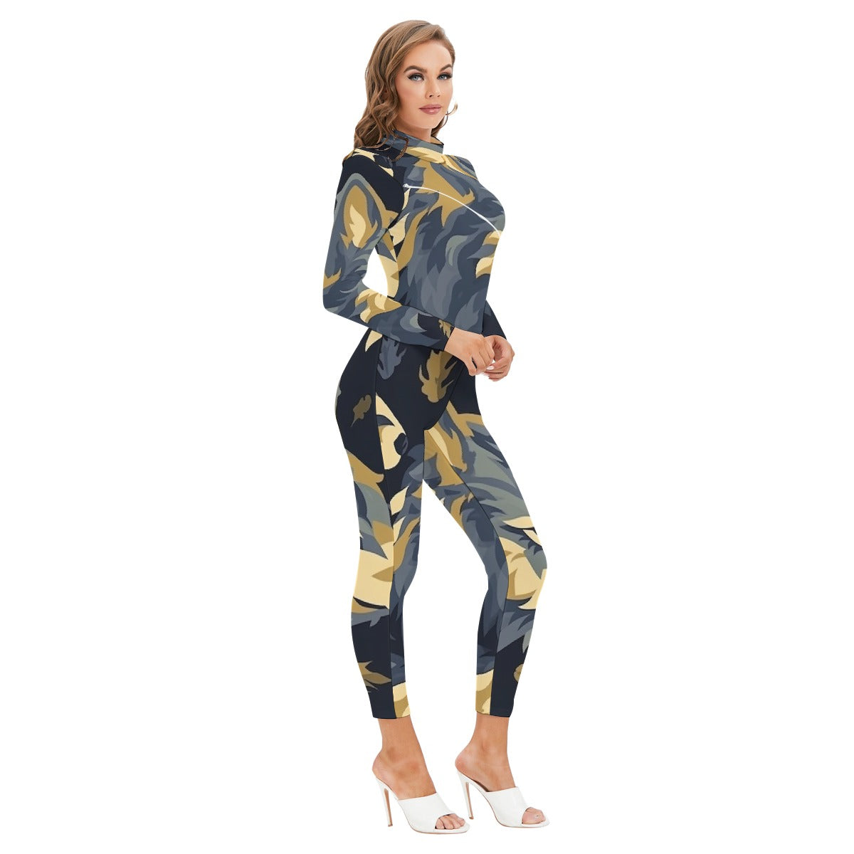 All-Over Print Women's Long-sleeved High-neck Jumpsuit With Zipper