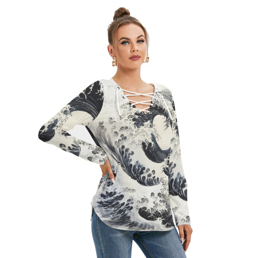 All-Over Print Women's Long Sleeve Neckline Tie Sweatshirt