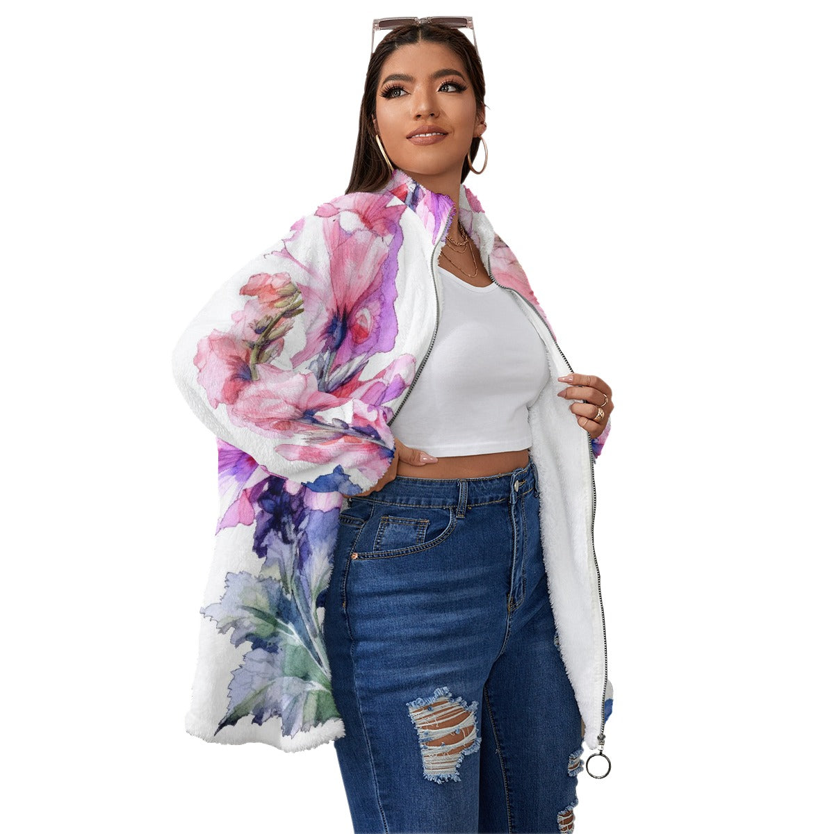 All-Over Print Unisex Borg Fleece Stand-up Collar Coat With Zipper Closure(Plus Size)