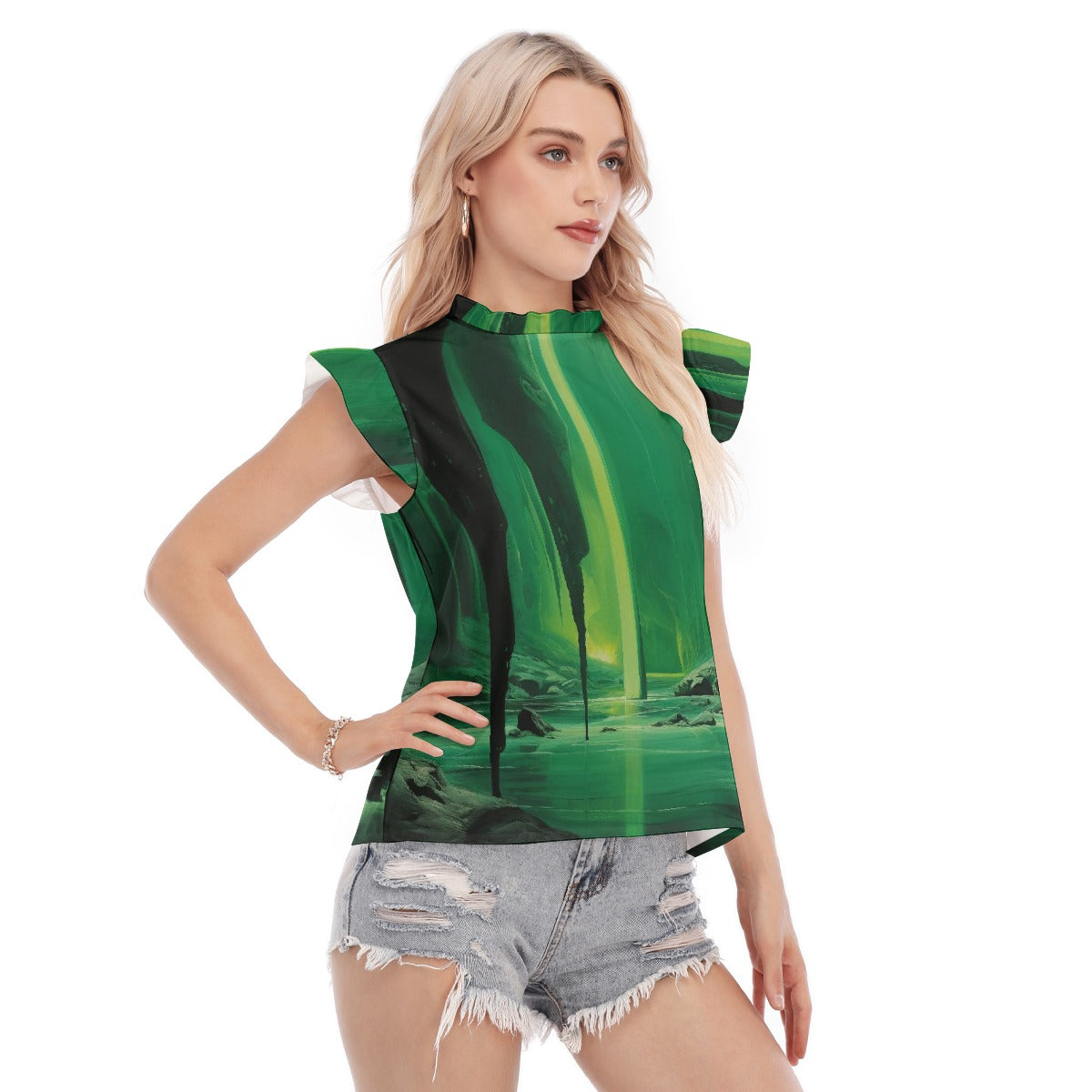 All-Over Print Women's Blouse With Ruffle Collar And Sleeve