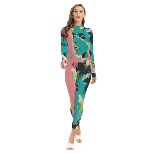 All-Over Print Women's Long-sleeved High-neck Jumpsuit With Zipper