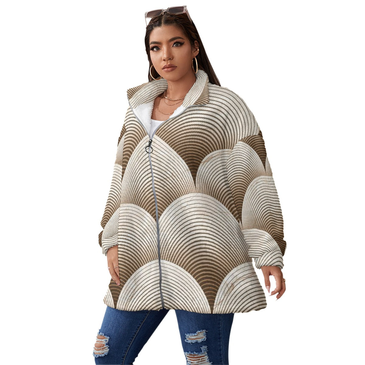 All-Over Print Unisex Borg Fleece Stand-up Collar Coat With Zipper Closure(Plus Size)