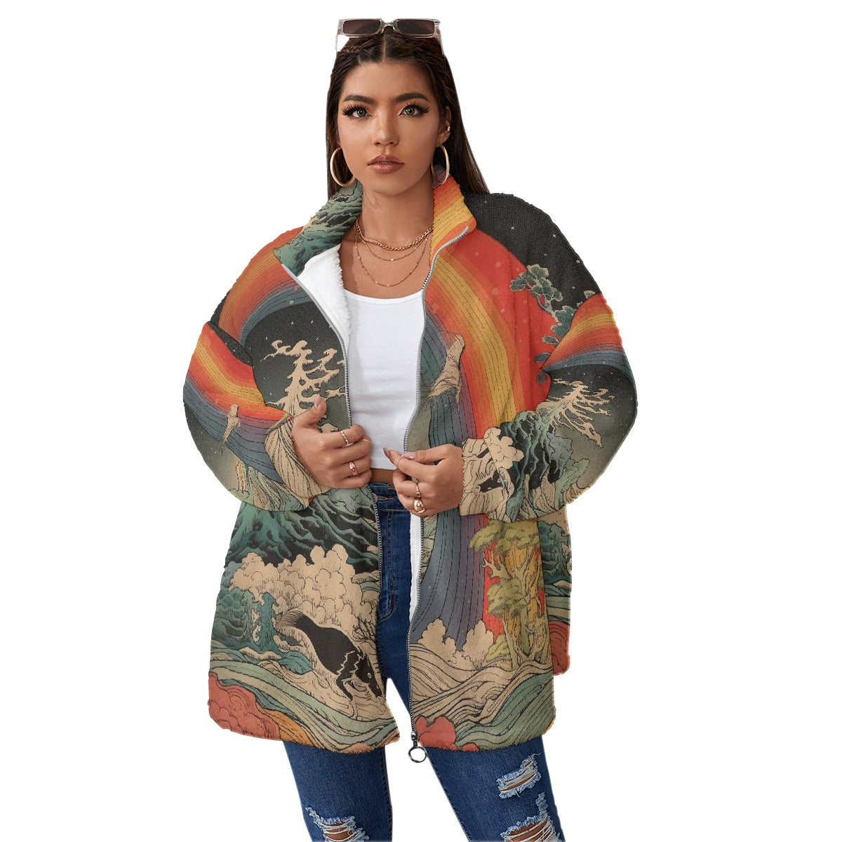 All-Over Print Unisex Borg Fleece Stand-up Collar Coat With Zipper Closure(Plus Size)
