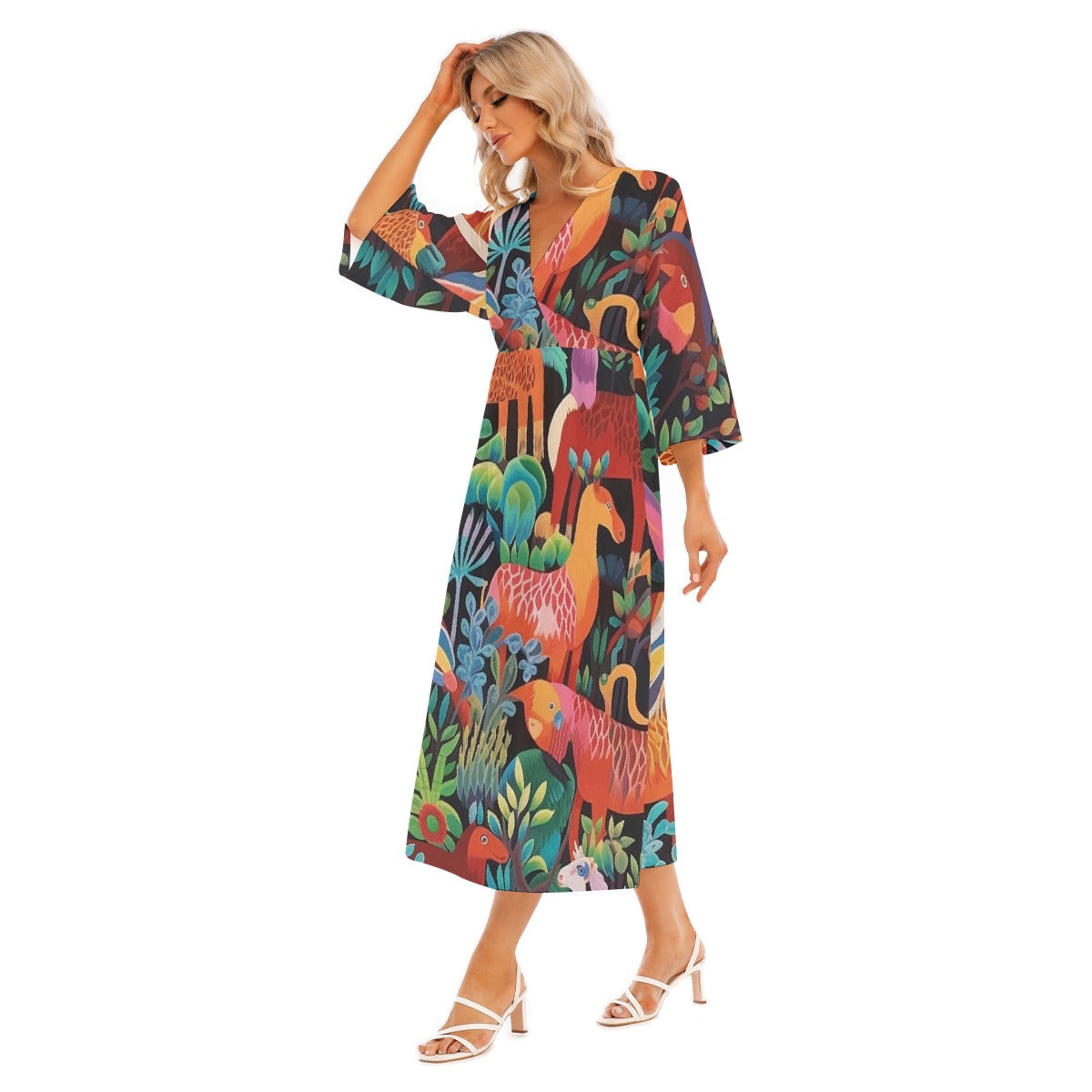 All-Over Print Women's Mid-Sleeve Long Dress
