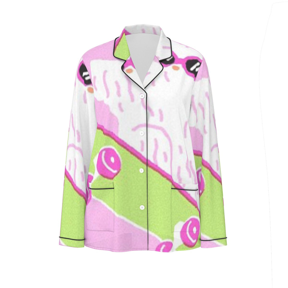 All-Over Print Women's Long Sleeve Pajama Set With Black Contrast Piping