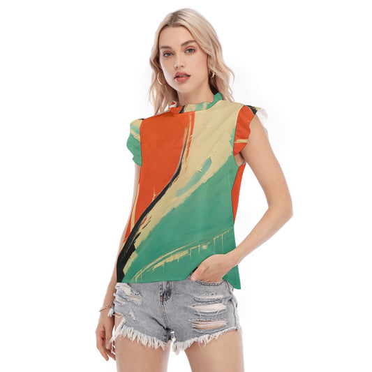 All-Over Print Women's Blouse With Ruffle Collar And Sleeve