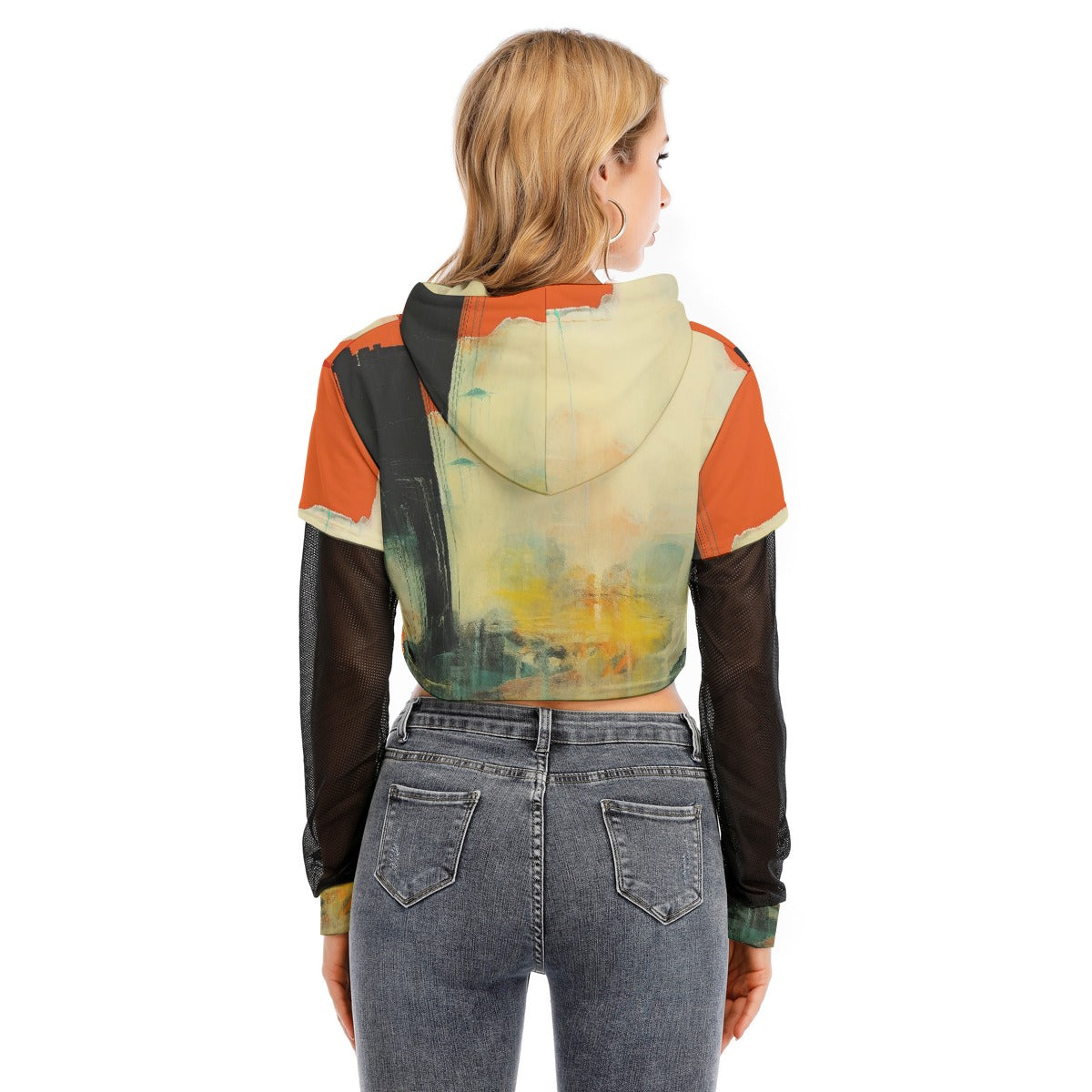 All-Over Print Women's Fake Two-piece Mesh Sleeve Cropped Hoodie