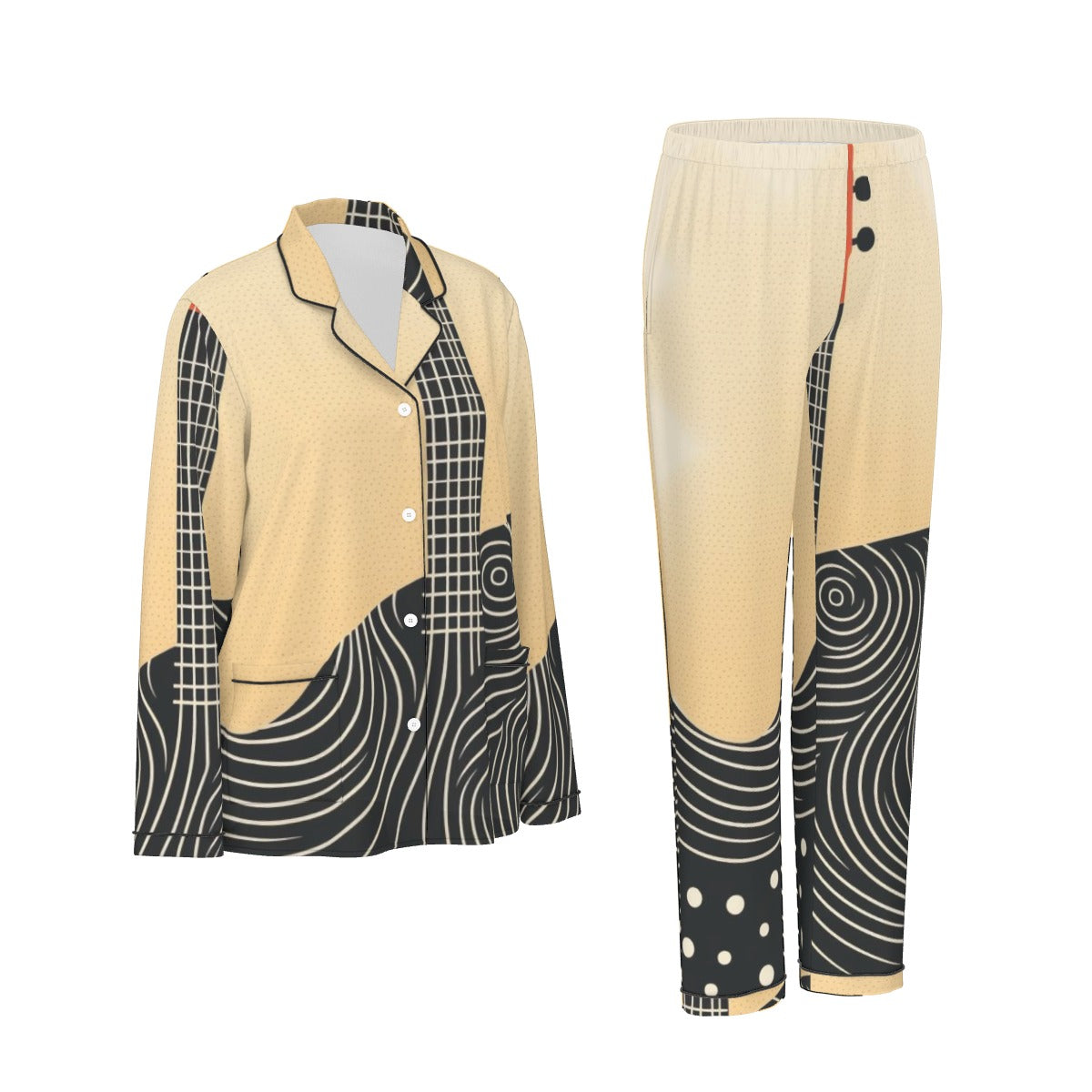 All-Over Print Women's Long Sleeve Pajama Set With Black Contrast Piping